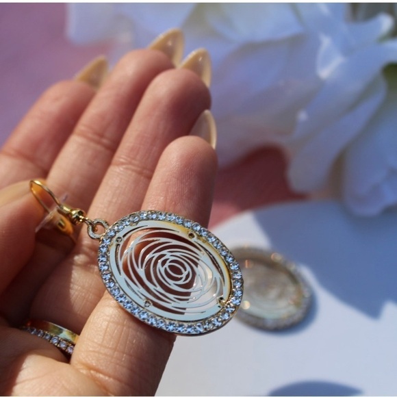 Camellia Flower Round Rhinestone Gold  Drop Earrings - Picture 12 of 13